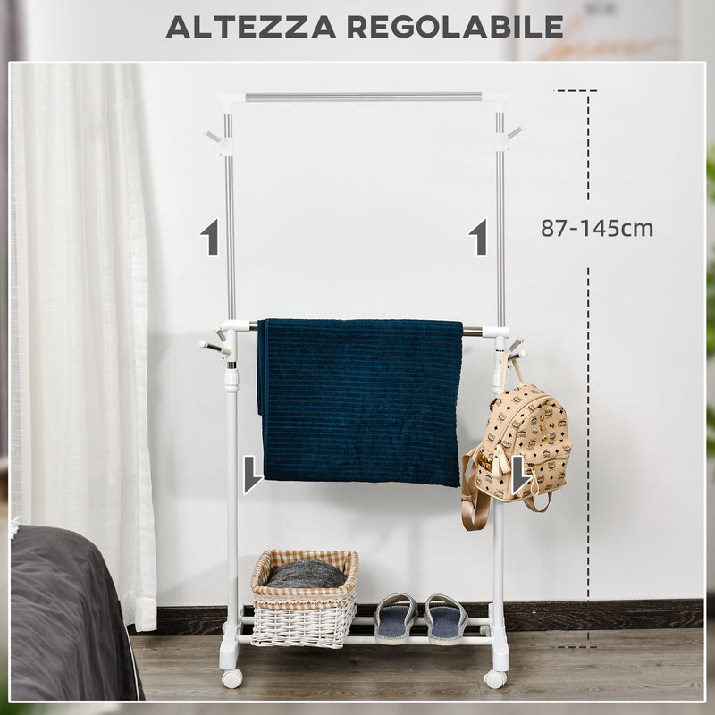 Stender Porta Abiti ad Altezza Regolabile 68,5x42x87-145 cm con Fondo Portaoggetti Argento e Bianco-4