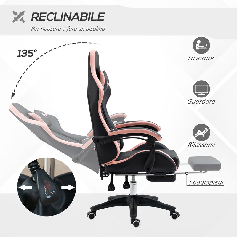 Sedia da Gaming Ergonomica 65x65x121-129 cm in Similpelle Rosa e Nero-5