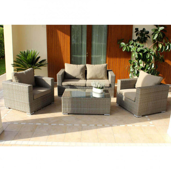 prezzo Garden Lounge Set Sofa 2 Sessel und Couchtisch mit Kissen aus braunem Korbgeflecht