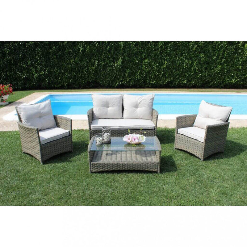 Set Salotto da Giardino Divano 2 Poltrone e Tavolino con Cuscini in Wicker Marrone-1