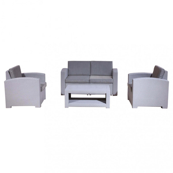 Garden Lounge Set Sofa 2 Sessel und Couchtisch mit Kissen aus grauem Kunststoff sconto