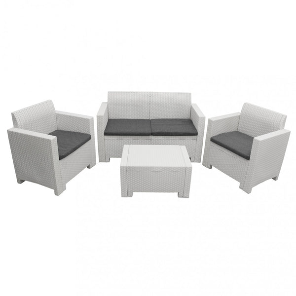 acquista Garden Lounge Set Sofa 2 Sessel und Couchtisch mit Kissen aus weißem Kunststoff