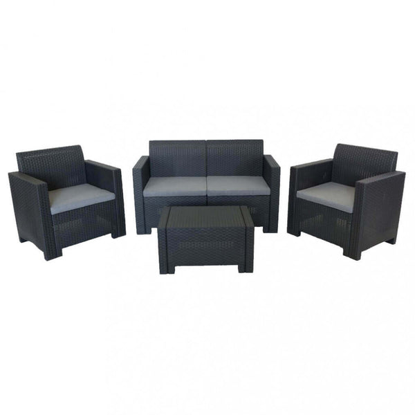 Garden Lounge Set Sofa 2 Sessel und Couchtisch mit Kissen aus schwarzem Kunststoff online