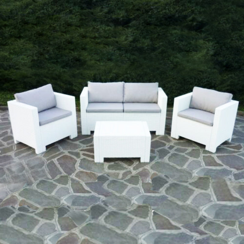 Set Salotto da Giardino Divano 2 Poltrone e Tavolino con Cuscini in Plastica Bianco-2