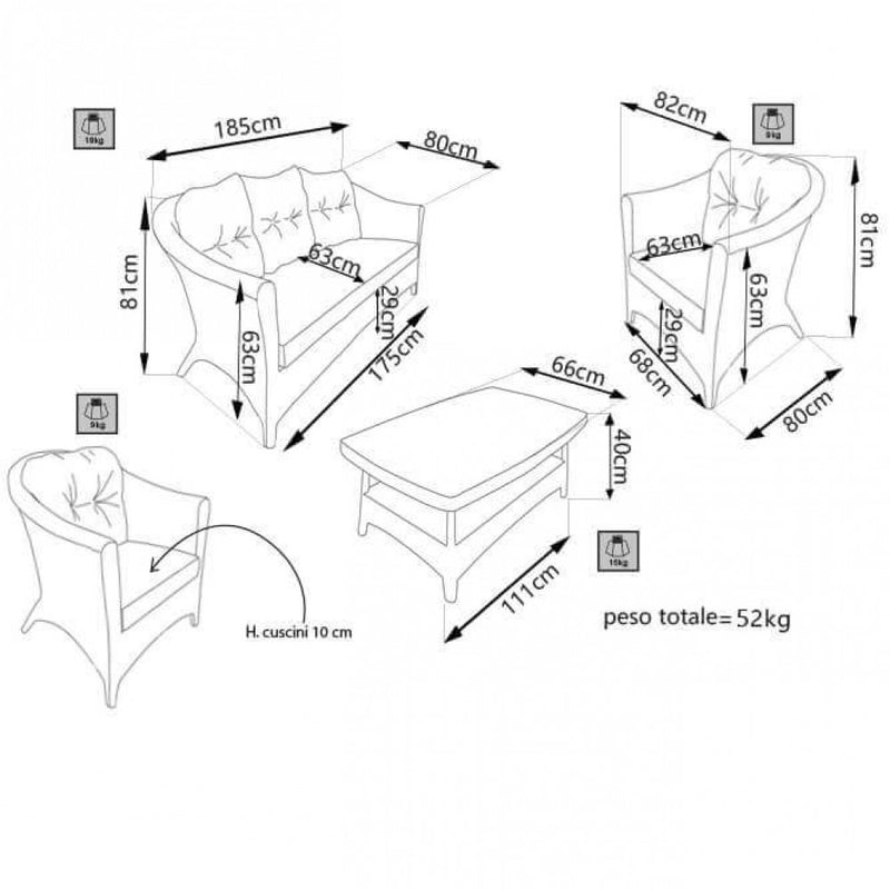 Set Salotto da Giardino Divano 2 Poltrone e Tavolino con Cuscini in Wicker Grigio-5