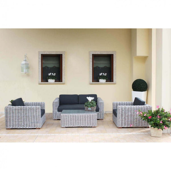 Garden Lounge Set Sofa 2 Sessel und Couchtisch mit Kissen aus grauem Rattan online