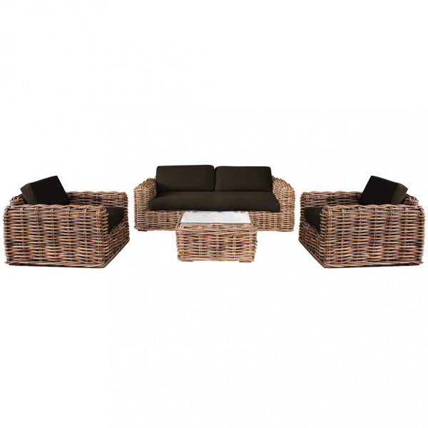 acquista Garden Lounge Set Sofa 2 Sessel und Couchtisch mit Kissen aus braunem Rattan