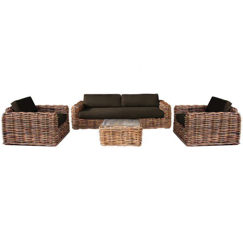 Set Salotto da Giardino Divano 2 Poltrone e Tavolino con Cuscini in Rattan Marrone-1