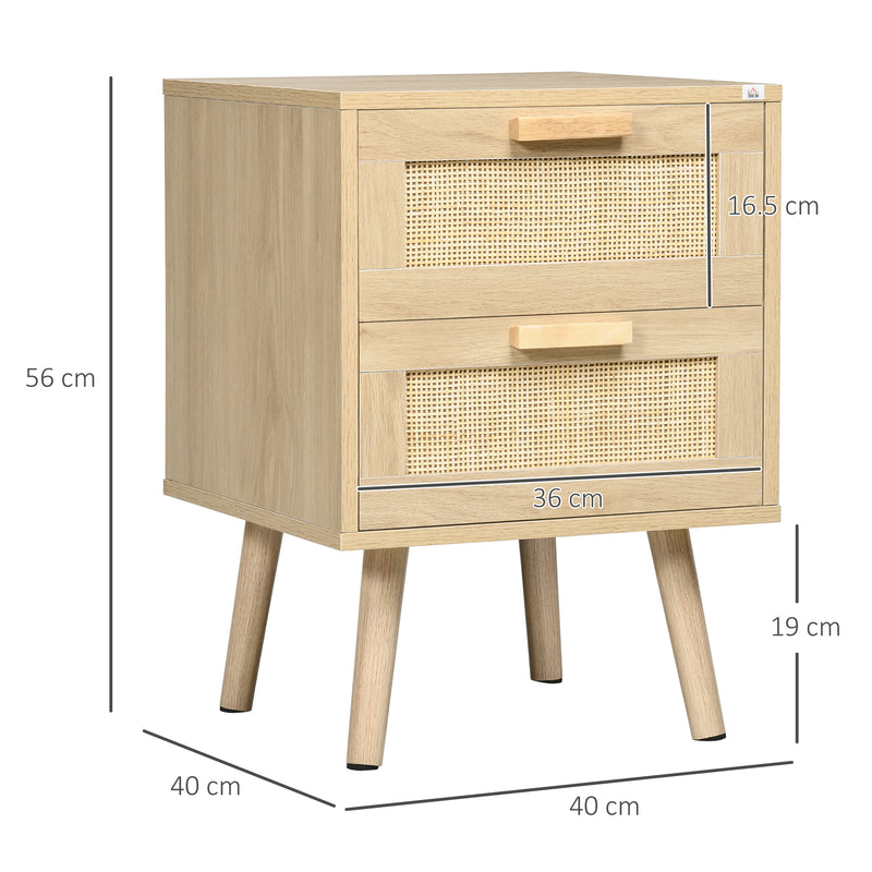 Comodino 2 Cassetti 40x40x56 cm in Legno e Rattan Naturale-3