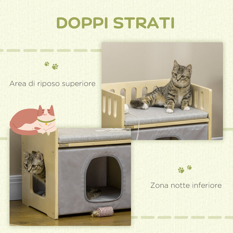 Casetta per Gatti 2 Livelli 48x38x47 cm con Cuscini Rimovibili e Guide di Sicurezza in Legno e Tessuto Grigio e Bianco-5