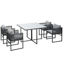 Set Tavolo e 4 Sedie da Giardino con Cuscini in Rattan PE Nero e Grigio-1