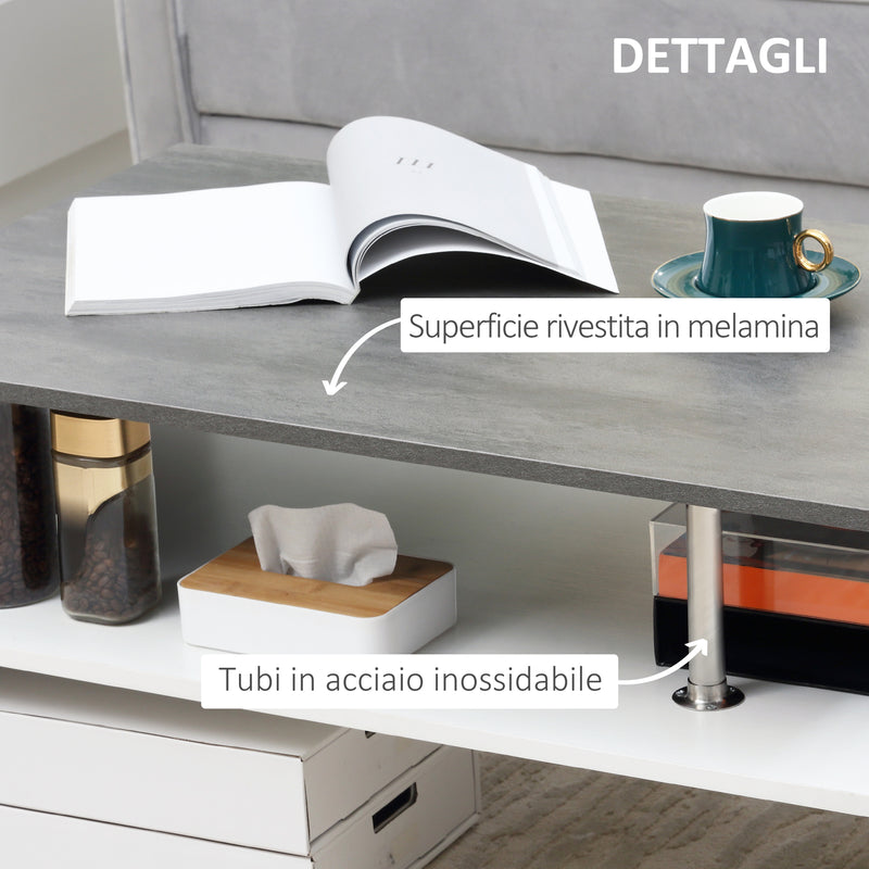 Tavolino da Salotto 2 Livelli 90x60x42 cm in Truciolato e Acciaio Inox Bianco e Cemento-6