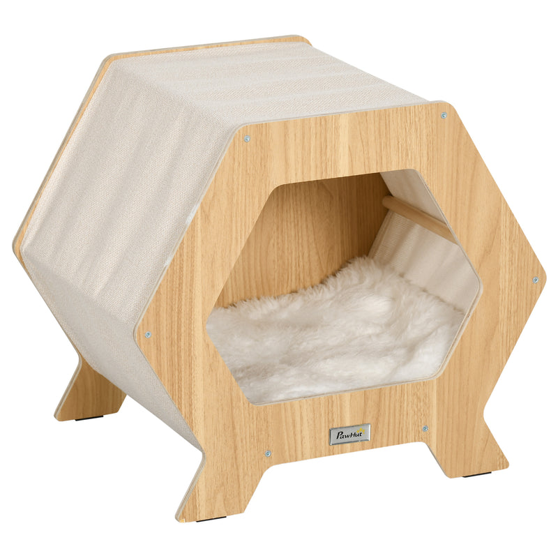 Cuccia per Gatti 49,5x38,5x43,5 cm in Legno e Tessuto con Cuscino in Peluche Quercia e Bianco-1