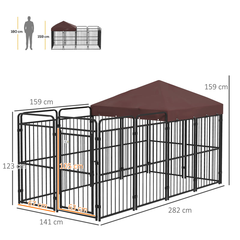 Recinto per Cani da Esterno con Tetto 282x121x159 cm in Metallo Marrone-3