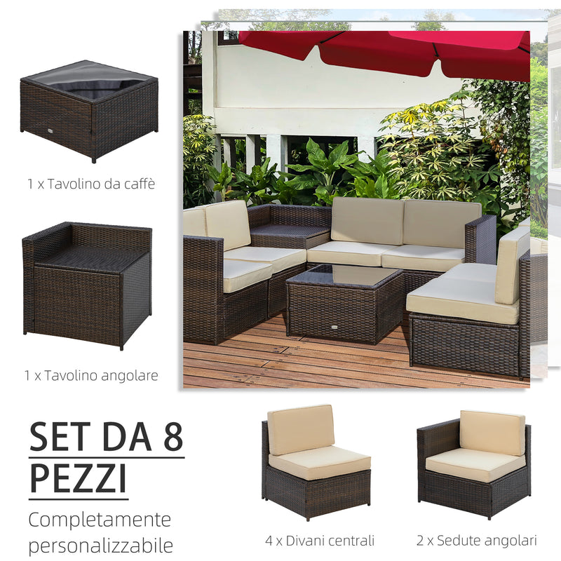 Set Salotto da Giardino 4 Poltrone 2 Poltrone Angolari e 2 Tavolini in Rattan PE Marrone-6