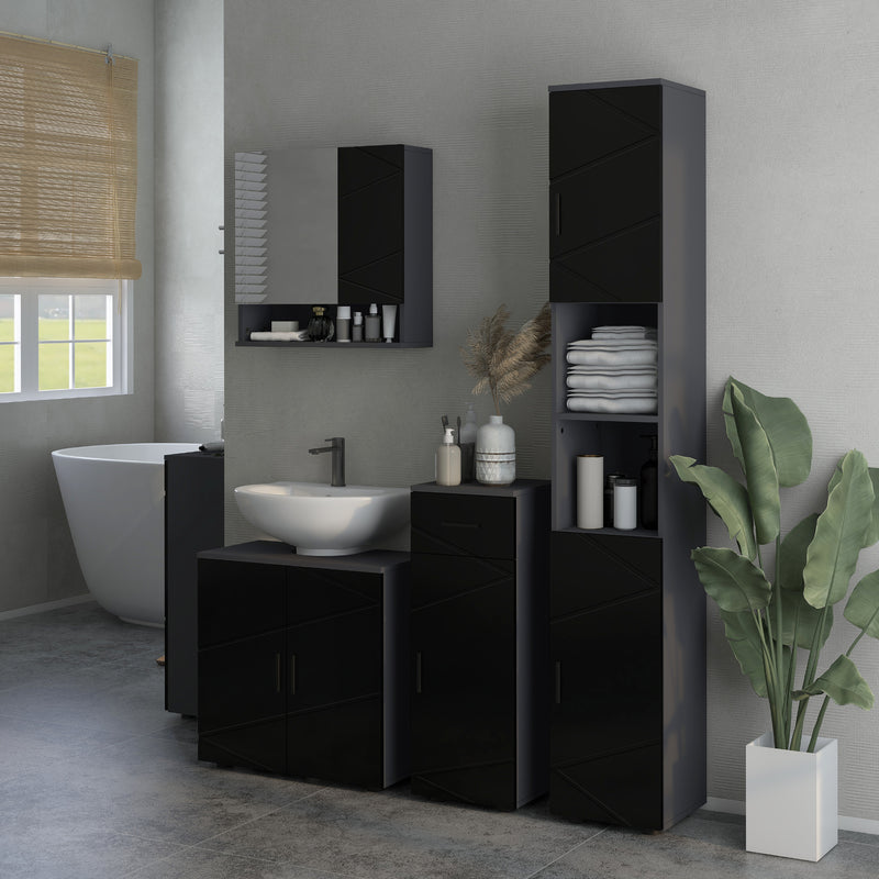 Mobile a Colonna per Bagno 30x30x183 cm in Truciolato Nero e Grigio-7