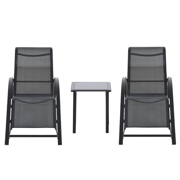 Set 2 Lettini Prendisole e Tavolino con Ripiano 59x169x66 cm in Tessuto Traspirante e Metallo Nero online