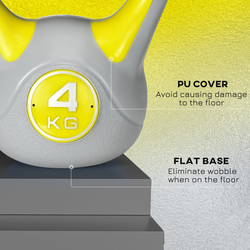 Kettlebell per Allenamento 4 Kg Base Piatta e Impugnatura per Stacchi in PU e Sabbia Giallo-5