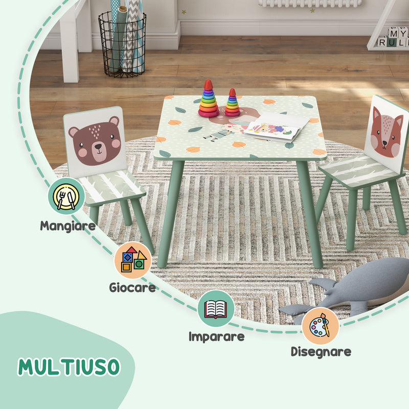 Set Tavolo con 2 Sedie per Bambini in Legno di Pino e MDF Verde-4