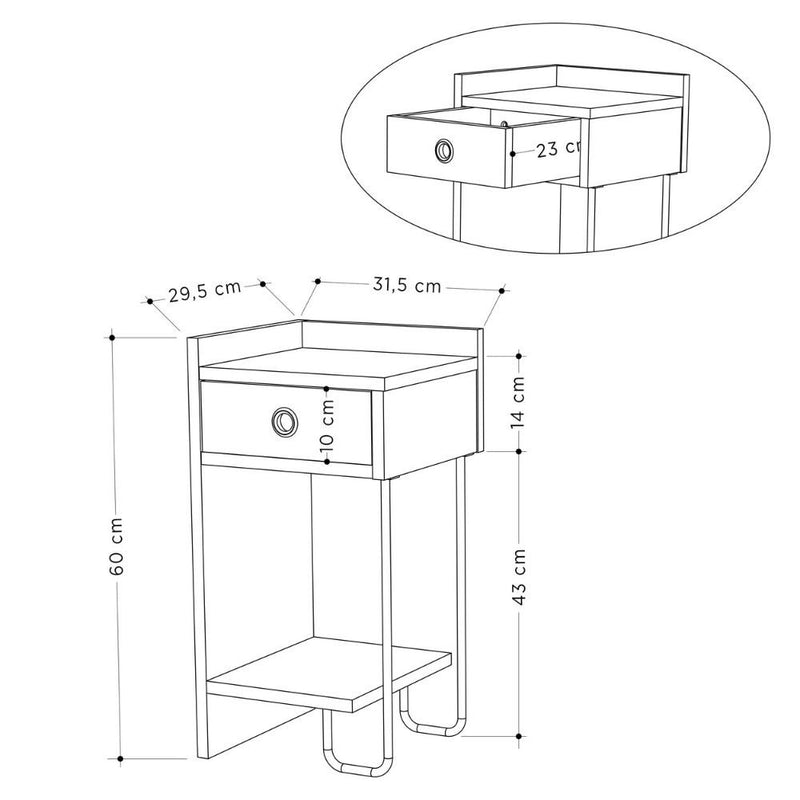 Comodino Sirius bianco con cassetto e gamba in metallo nero sinistro-5