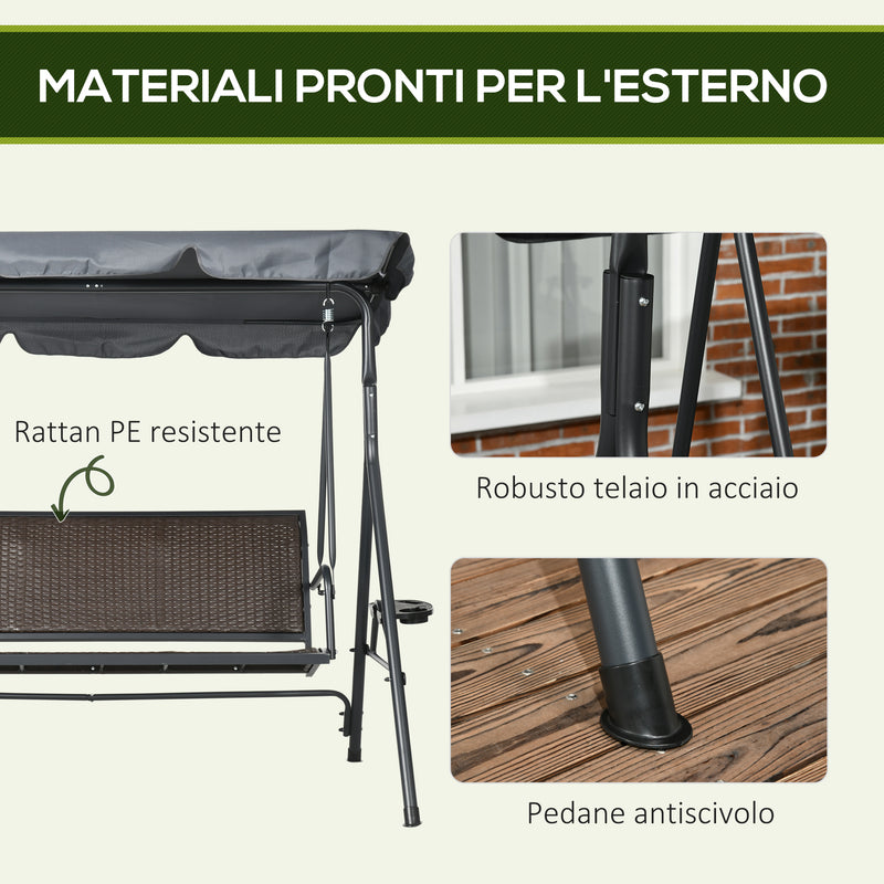 Dondolo  204x112x150 cm in Acciaio e Rattan PE Grigio e Marrone-6