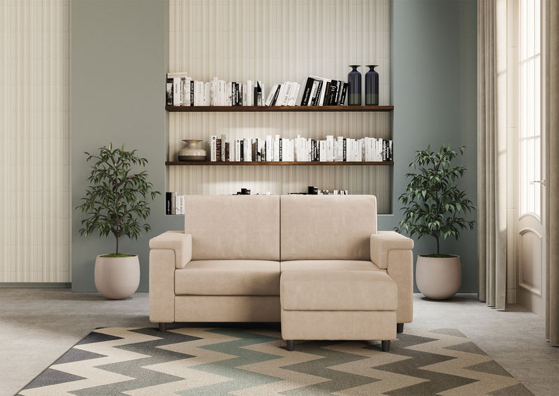 Divano 2 Posti con Pouf 148x155x85 cm Marrak in Tessuto Beige-2