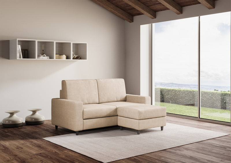 Divano 2 Posti con Pouf 148x155x85 cm Sakar in Tessuto Beige-3