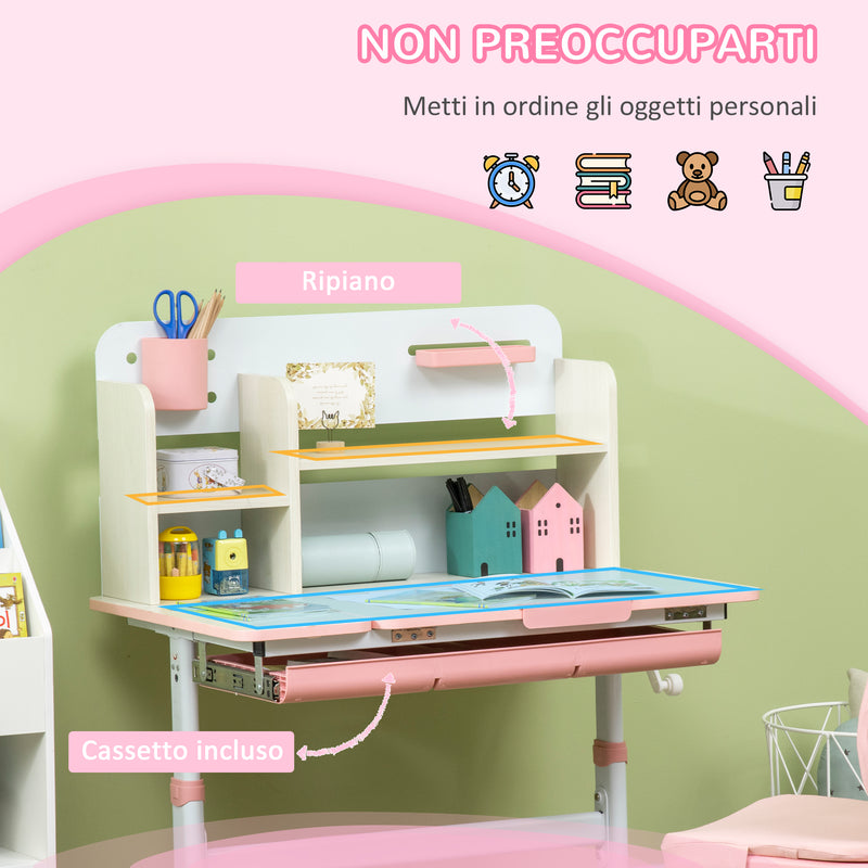 Banco Studio Scuola per Bambini 80x52x88-109 cm in MDF e Acciaio Rosa-6