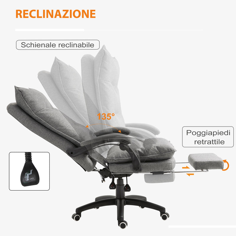 Sedia Poltrona da Ufficio Presidenziale Massaggiante 70x62x120-130 cm con Poggiapiedi Grigio-5