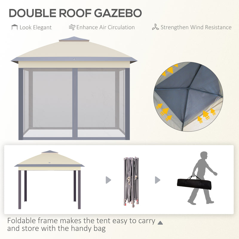 Gazebo Pieghevole da Giardino 3,3x3,3x2,88m con Zanzariera in Acciaio e Tessuto Oxford Beige-4