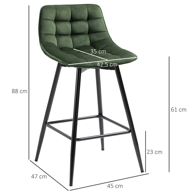 Set 2 Sgabelli da Bar con Schienale e Poggiapiedi 45x47x88 cm in Metallo e Velluto Verde-3