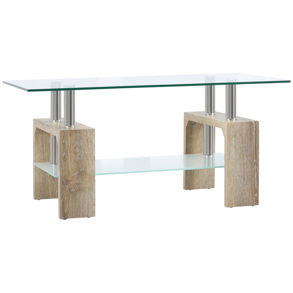 acquista 90 x 50 x 42 cm Couchtisch mit 2 Ebenen aus Glas und Naturholz