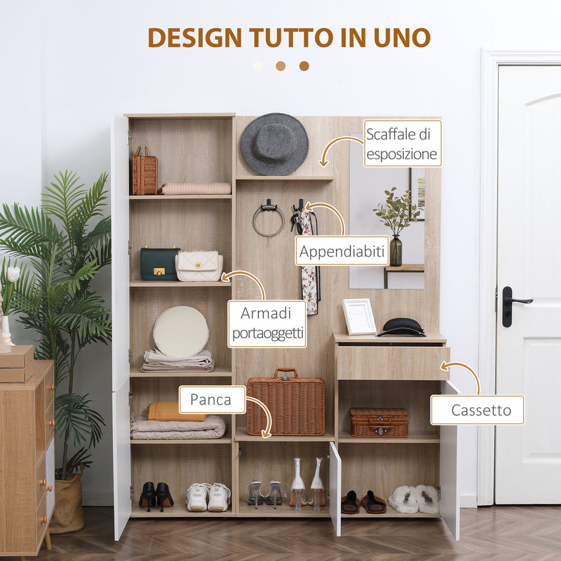 Mobile da Ingresso 4 in 1 con Specchio 145x29x184 cm in Truciolato Bianco e Legno Naturale-4