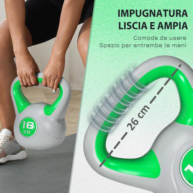 Kettlebell per Allenamento 16 Kg Base Piatta e Impugnatura per Stacchi in PU e Sabbia Verde-4