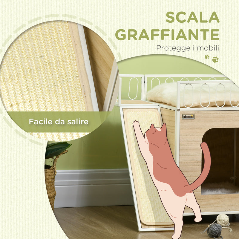 Casetta per Gatti 56x40x54 cm con Tiragraffi e Scaletta Legno e Bianco-6