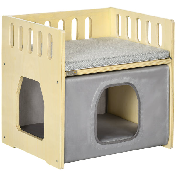 Casetta per Gatti 2 Livelli 48x38x47 cm con Cuscini Rimovibili e Guide di Sicurezza in Legno e Tessuto Grigio e Bianco sconto