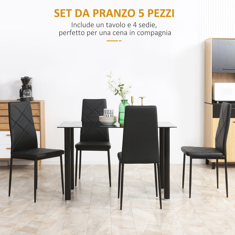 Set da Pranzo Tavolo e 4 Sedie Seduta Imbottita in Vetro Temperato e Acciaio Nero-4