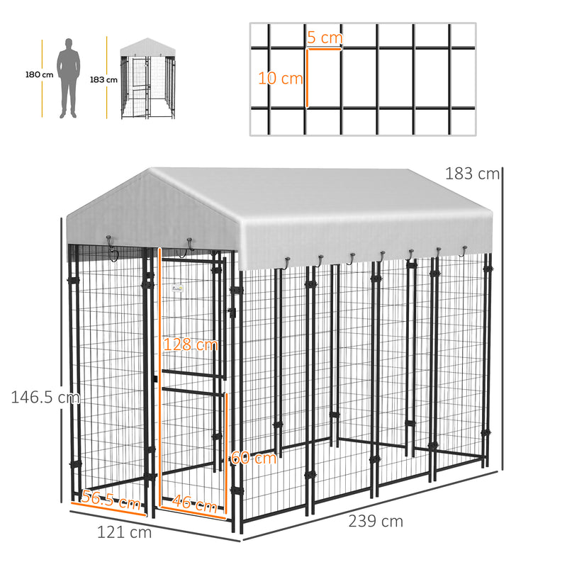 Recinto per Cani da Esterno con Tetto 239x121x183 cm in Metallo Argento-3