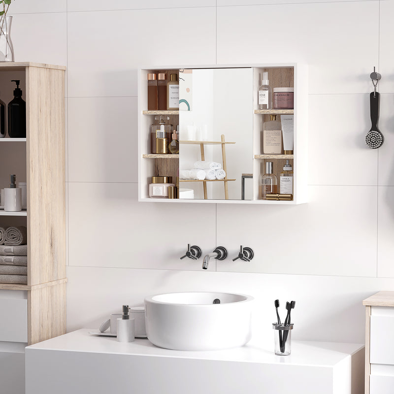 Specchio Armadietto da Bagno Pensile 60x14,5x49,4 cm in MDF e Truciolato Bianco e Legno Naturale-7