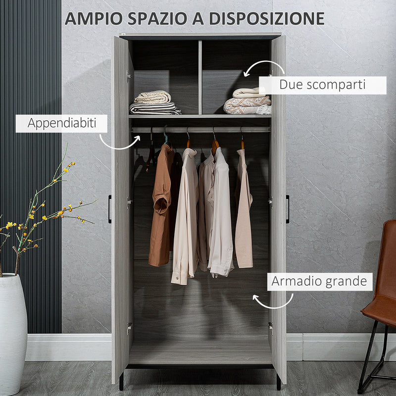 Armadio Guardaroba 2 Ante 80x50x179 cm in Legno MDF e Acciaio Grigio-5