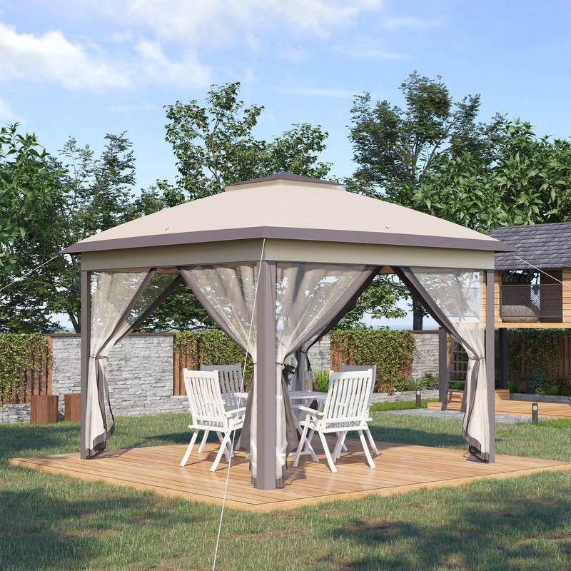 Gazebo Pieghevole da Giardino 3,3x3,3x2,88m con Zanzariera in Acciaio e Tessuto Oxford Beige-2