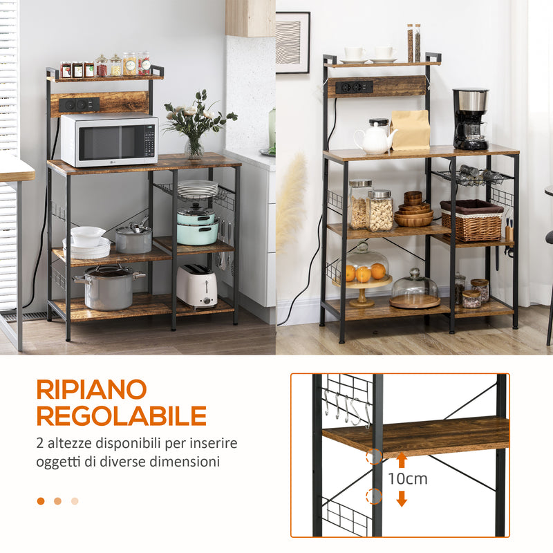 Scaffale Cucina con Multopresa 90x42x130 cm in Legno e Acciaio Marrone Rustico-4