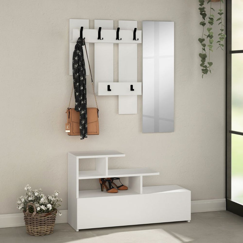 Mobile Ingresso Scarpiera Appendiabiti e Specchio 100x30x61 cm in MDF Vesty Bianco-1