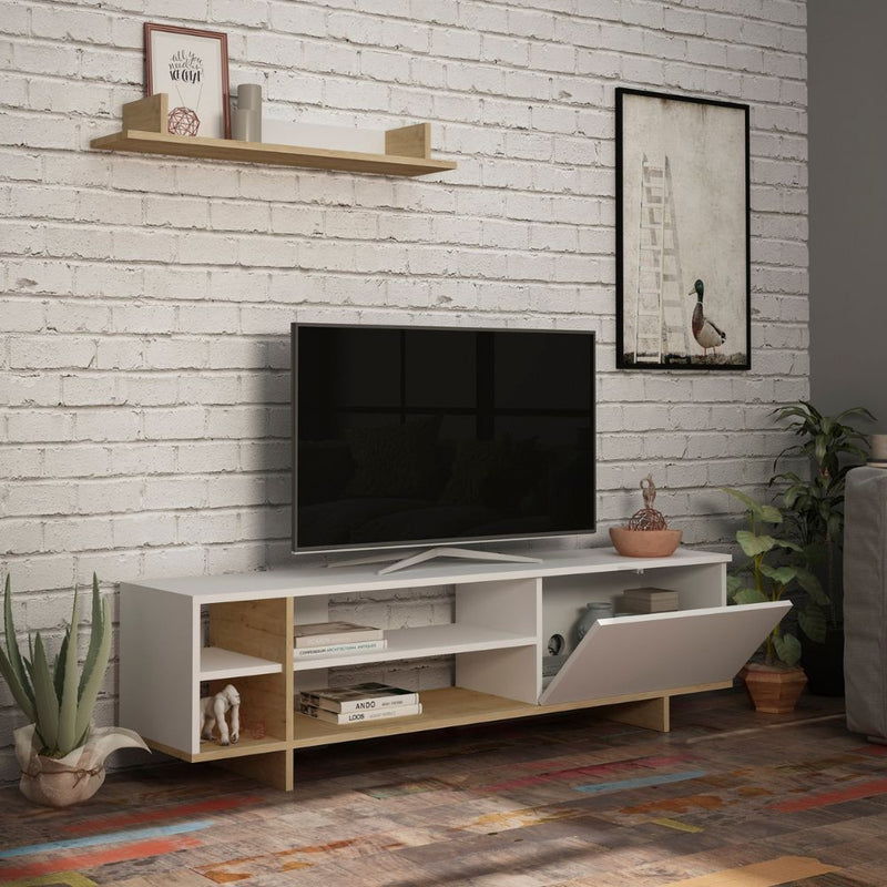 Mobile TV 1 Anta 2 Ripiani e Mensola 160x35,5x44 cm in MDF Stockton Bianco Rovere-2