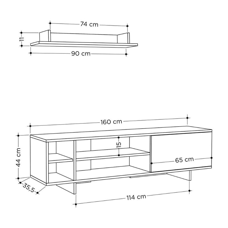 Mobile TV 1 Anta 2 Ripiani e Mensola 160x35,5x44 cm in MDF Stockton Bianco Rovere-4