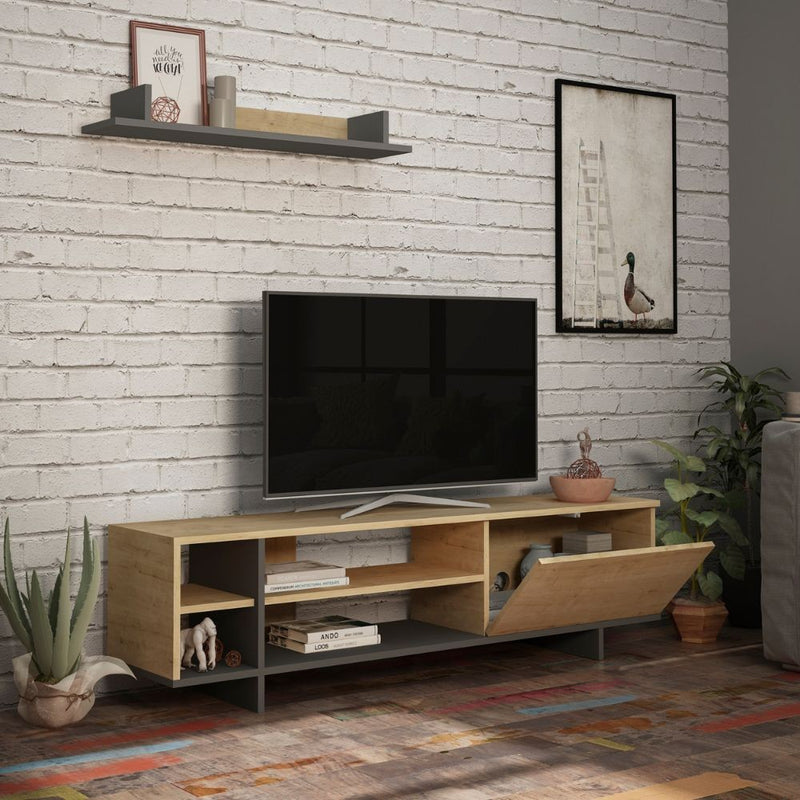 Mobile TV 1 Anta 2 Ripiani e Mensola 160x35,5x44 cm in MDF Stockton Rovere Antracite-2