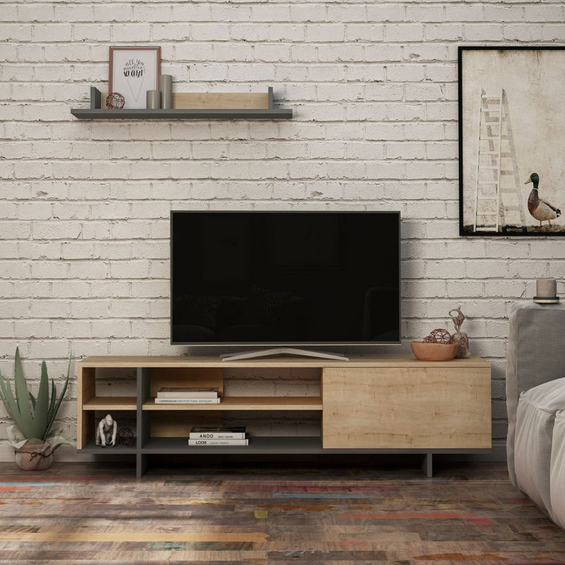 Mobile TV 1 Anta 2 Ripiani e Mensola 160x35,5x44 cm in MDF Stockton Rovere Antracite-1