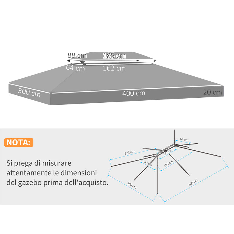 Tetto di Ricambio Impermeabile per Gazebo da Giardino 4x3m in Poliestere  Grigio-3