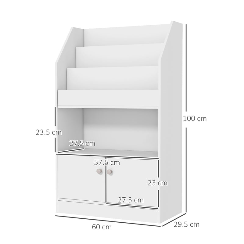 Scaffale Portagiochi per Bambini 60x29,5x100 cm con Libreria e Armadietto in Legno Bianco-3