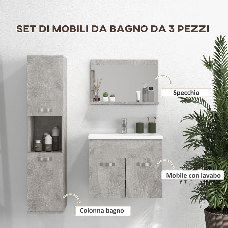 Mobile Bagno Sospeso 60 cm Lavabo Specchio e 1 Pensile Grigio-4